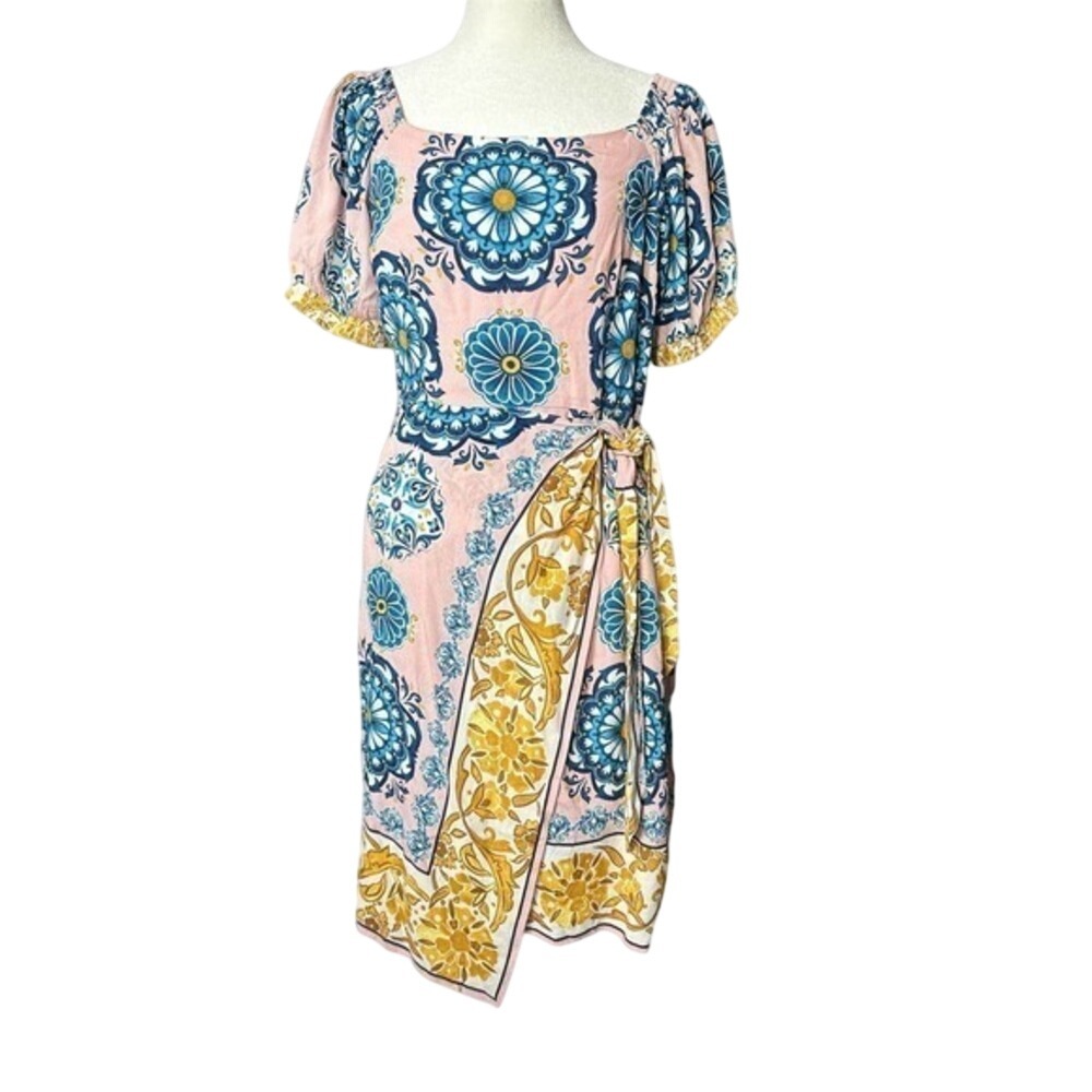 Maeve By Anthropologie Medallion Tile Print Puff Sleeve Wrap Midi Dress size 4